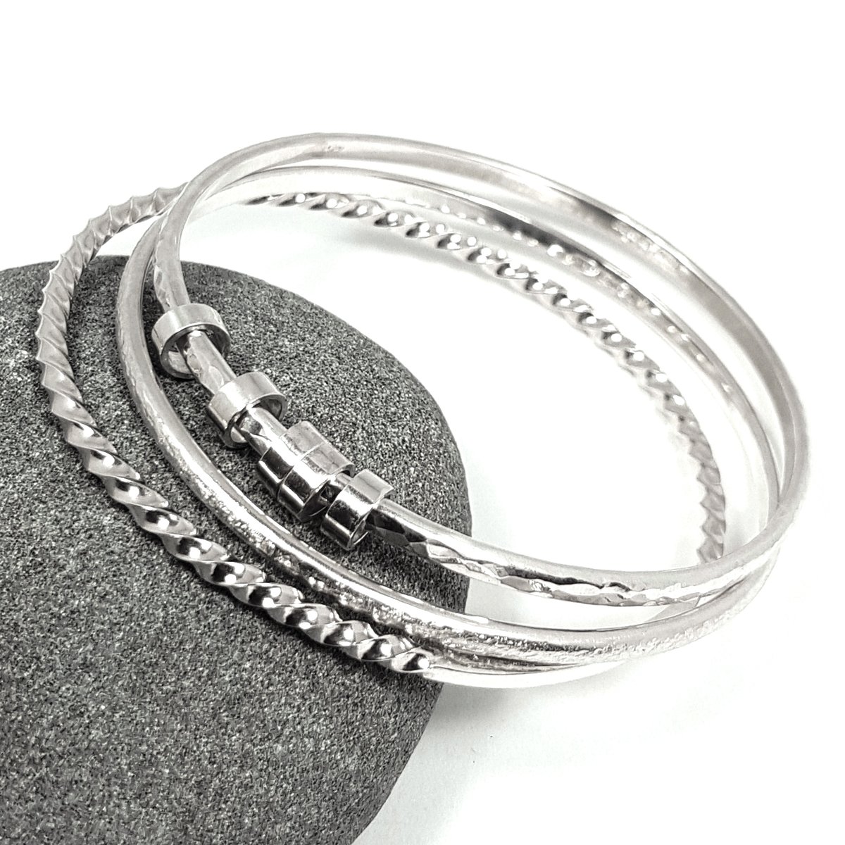 Image of Sterling Silver Stacking Bangles, Handmade Solid Silver Bracelet Set
