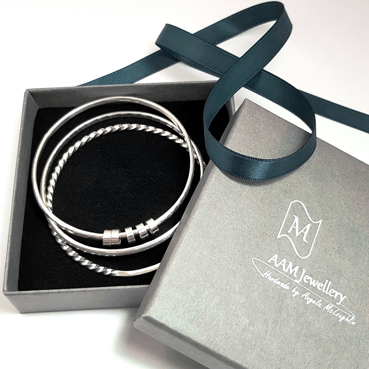 Image of Sterling Silver Stacking Bangles, Handmade Solid Silver Bracelet Set