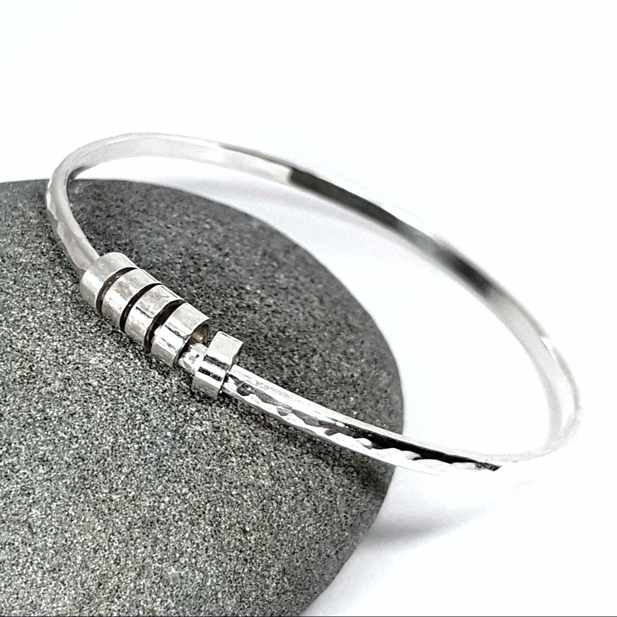 Image of Sterling Silver Bangle with Ring Charms, Hammered Solid Silver Charm Bracelet