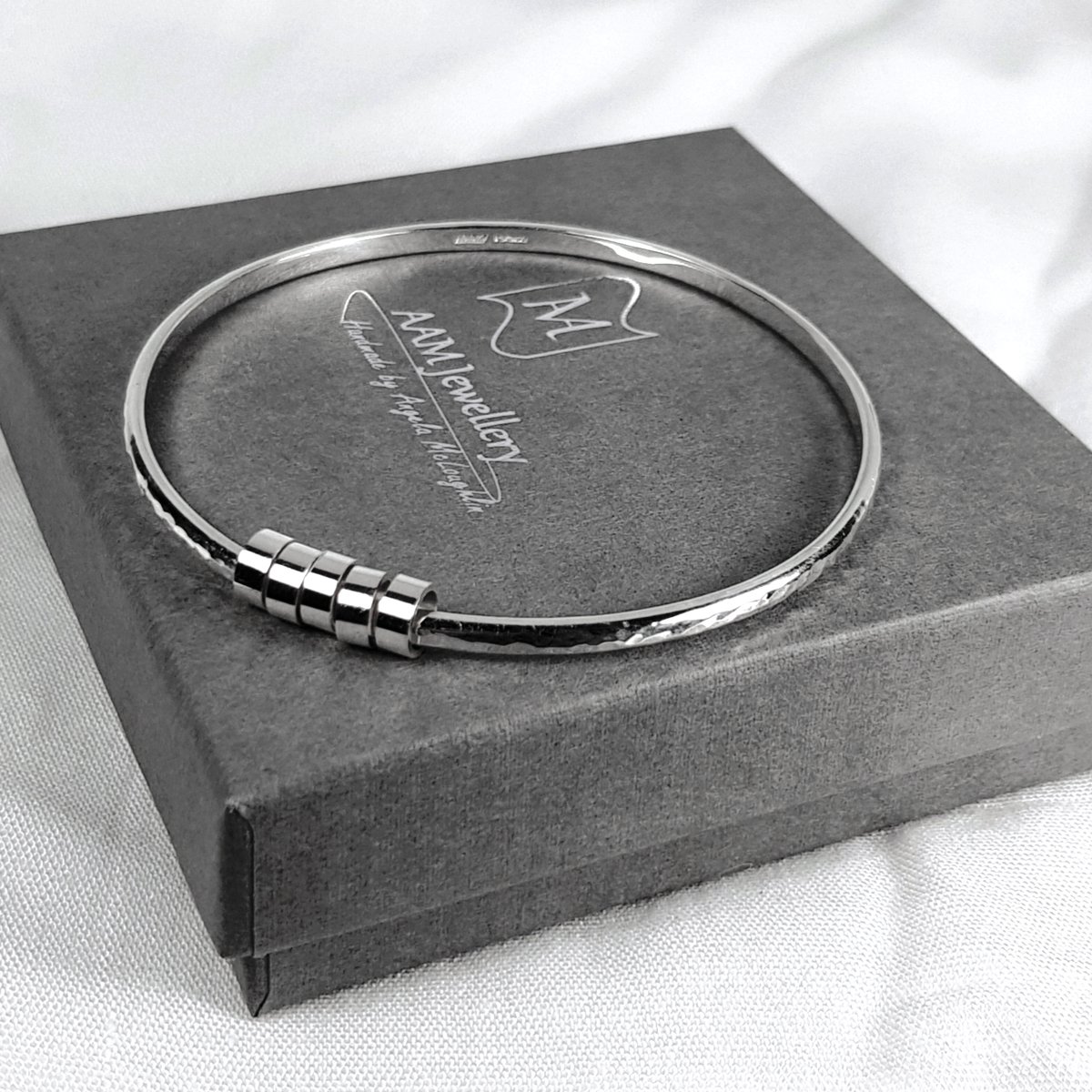 Image of Sterling Silver Bangle with Ring Charms, Hammered Solid Silver Charm Bracelet