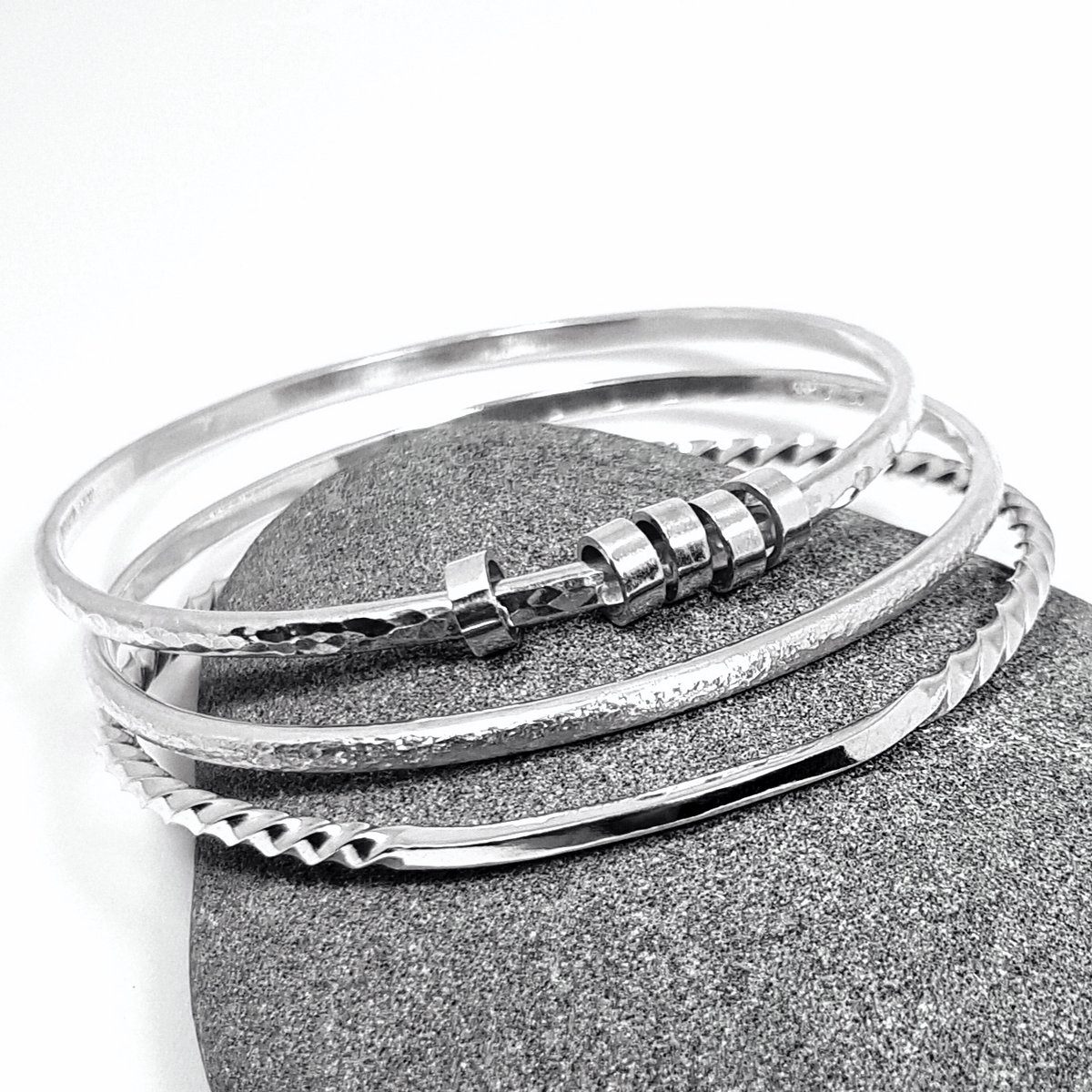 Image of Sterling Silver Bangle Bracelet, Textured Solid Silver Bangle