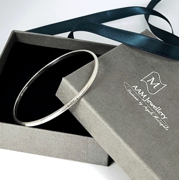 Image of Sterling Silver Bangle Bracelet, Textured Solid Silver Bangle