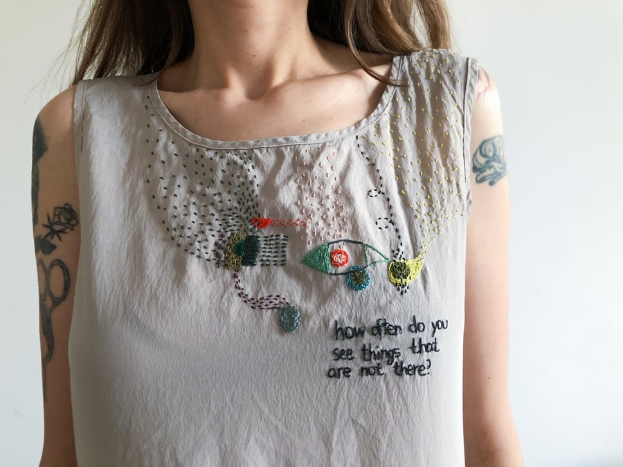 Image of Deception - hand embroidered upcycled top - silky fabric, one of a kind, size Small Medium 
