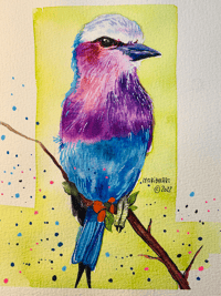 Blue and purple bird with watercolors print
