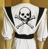 80s Vtg White &amp; Black Jumpsuit with Skull and Crossbones Chainstitch Embroidery