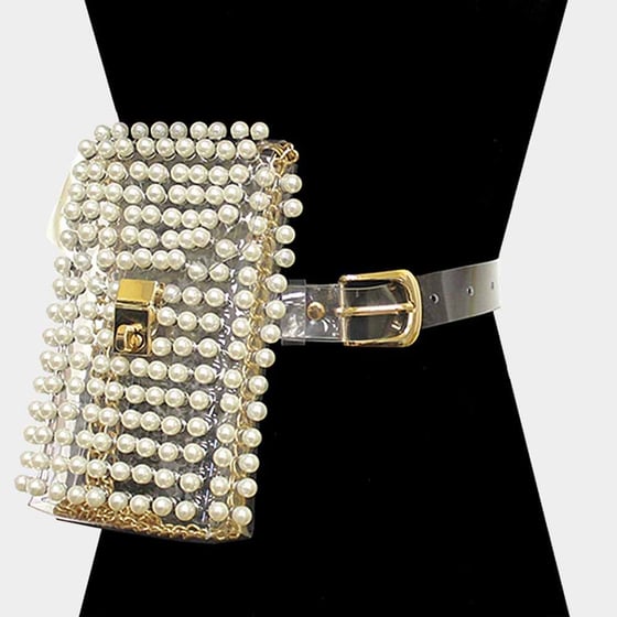 Image of Clear Cream Pearl Stud Clear FannyPack Belt Purse Fashion Statement Accessory