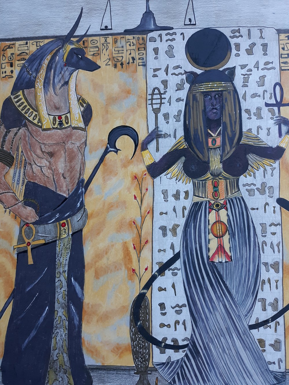 Image of Bastet Anubis Egyptian art inspired original painting artworks debidaze 16x20