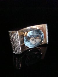 Image 1 of EDWARDIAN FRENCH TANK 18CT PLATINUM BLUE TOPAZ DIAMOND SET RING