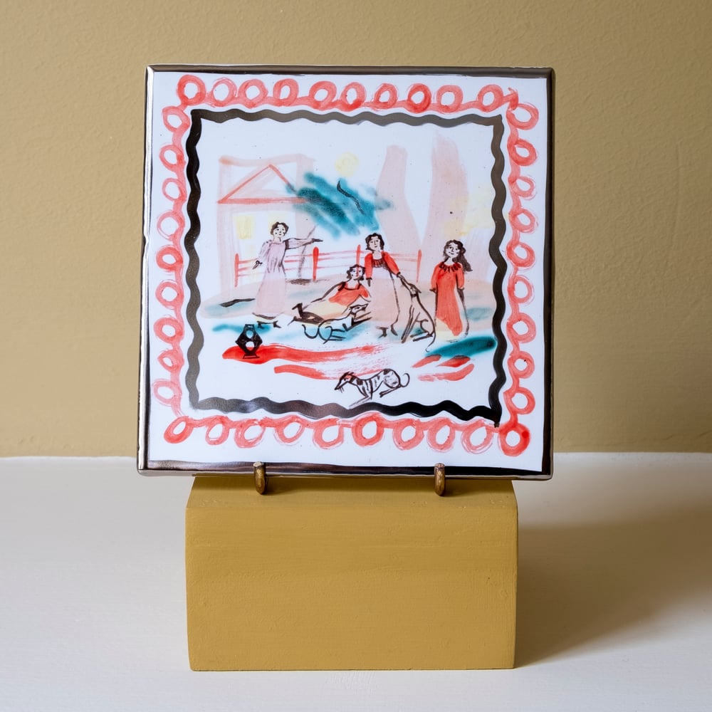 Image of Rustic Test tile -  Women and Whippets - Decorated with a Silver Lustre