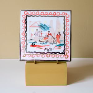 Image of Rustic Test tile -  Women and Whippets - Decorated with a Silver Lustre