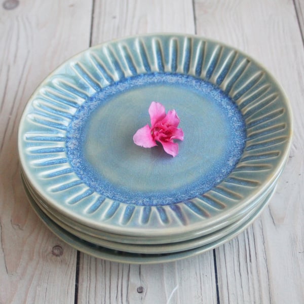 Image of Four Salad Dishes in Rustic Sea Glass Blue Glaze, Handcrafted Pottery Made in USA