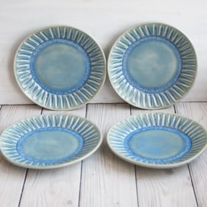 Image of Four Salad Dishes in Rustic Sea Glass Blue Glaze, Handcrafted Pottery Made in USA