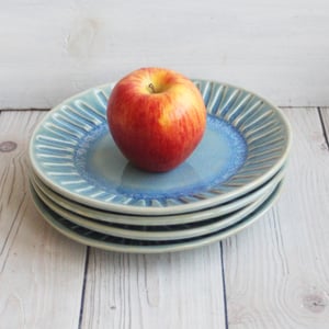 Image of Four Salad Dishes in Rustic Sea Glass Blue Glaze, Handcrafted Pottery Made in USA