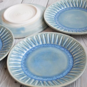 Image of Four Salad Dishes in Rustic Sea Glass Blue Glaze, Handcrafted Pottery Made in USA