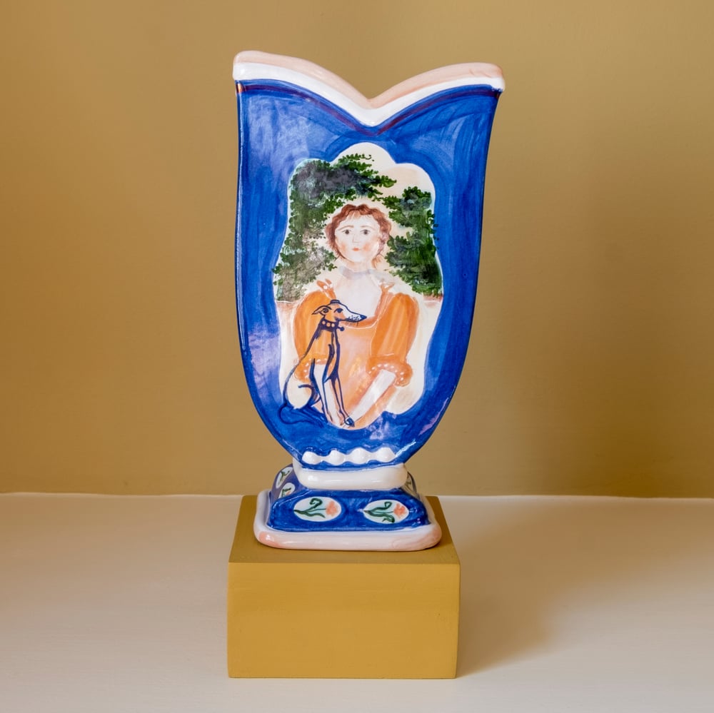 Image of A Woman with her Whippet - Romantic Vase with Pink Lustre