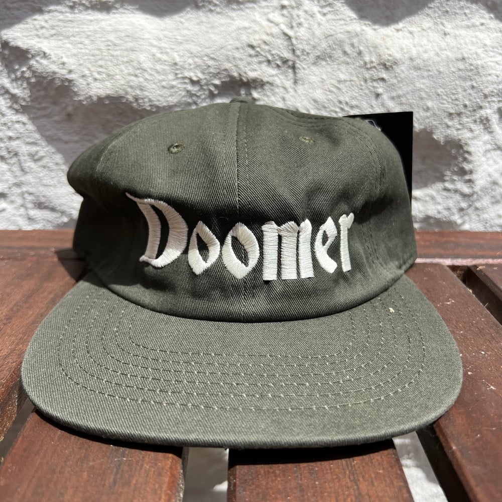Doomer Cap w/ Adjustable Plastic Snap Closure (Olive Green w/ White Embroidery)