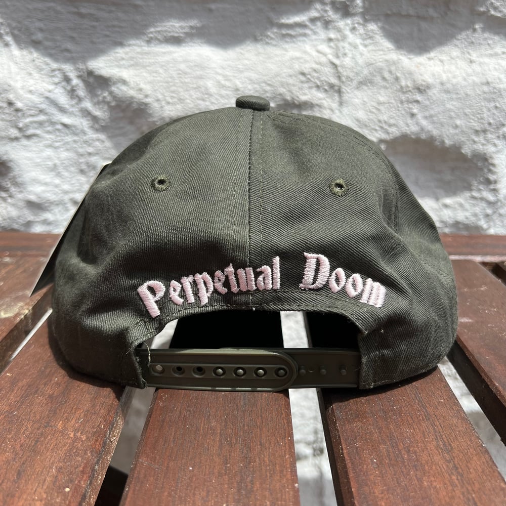 Doomer Cap w/ Adjustable Plastic Snap Closure (Olive Green w/ Light Pink Embroidery)