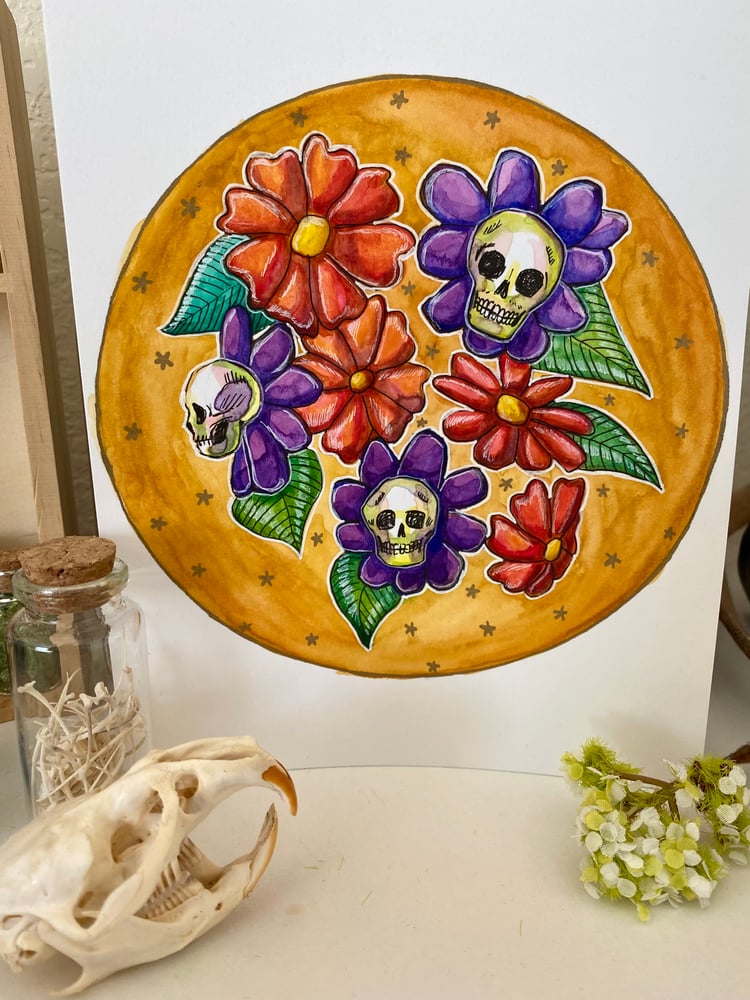Image of Skully Flowers Original Watercolor Painting