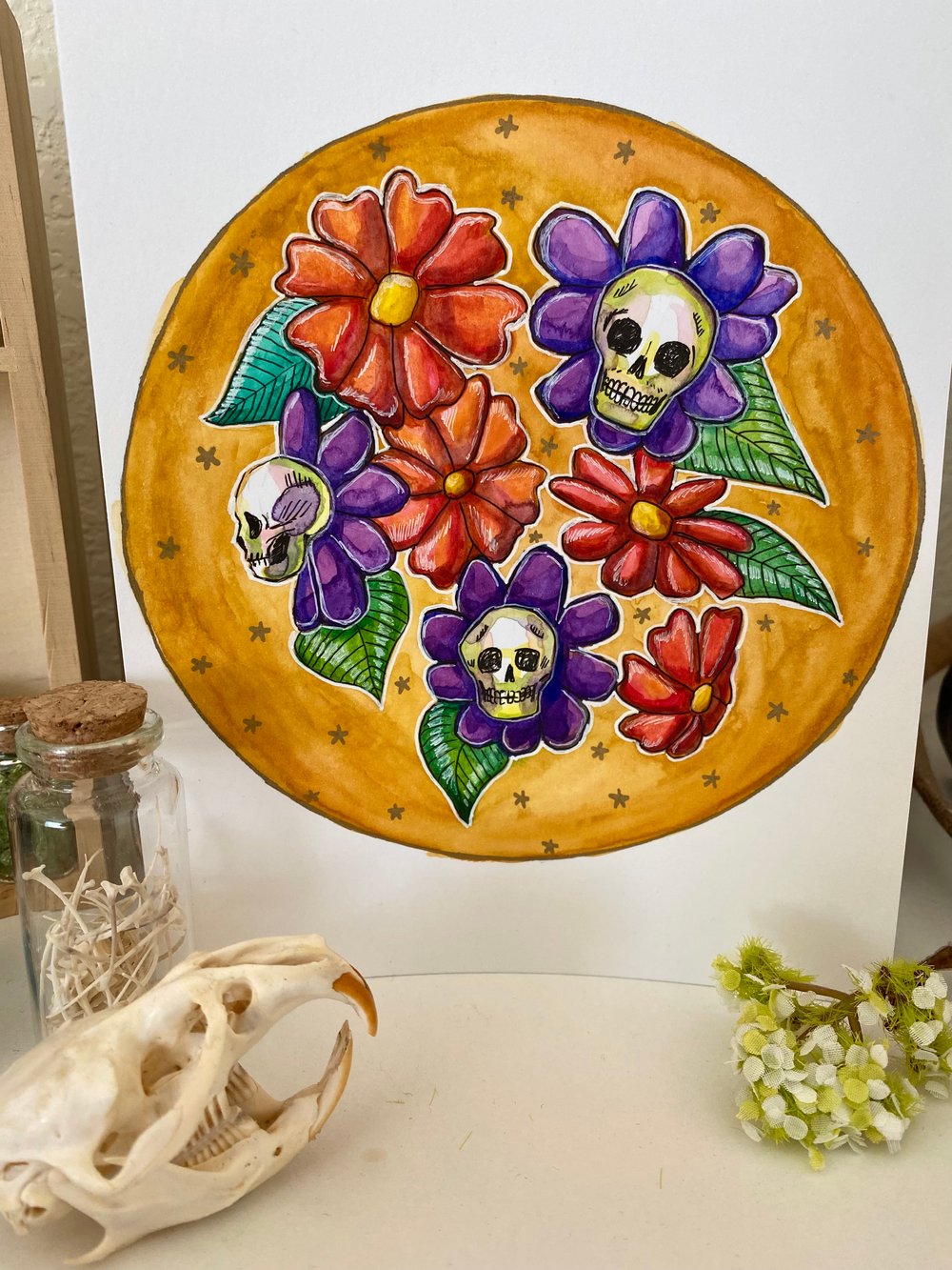 Image of Skully Flowers Original Watercolor Painting