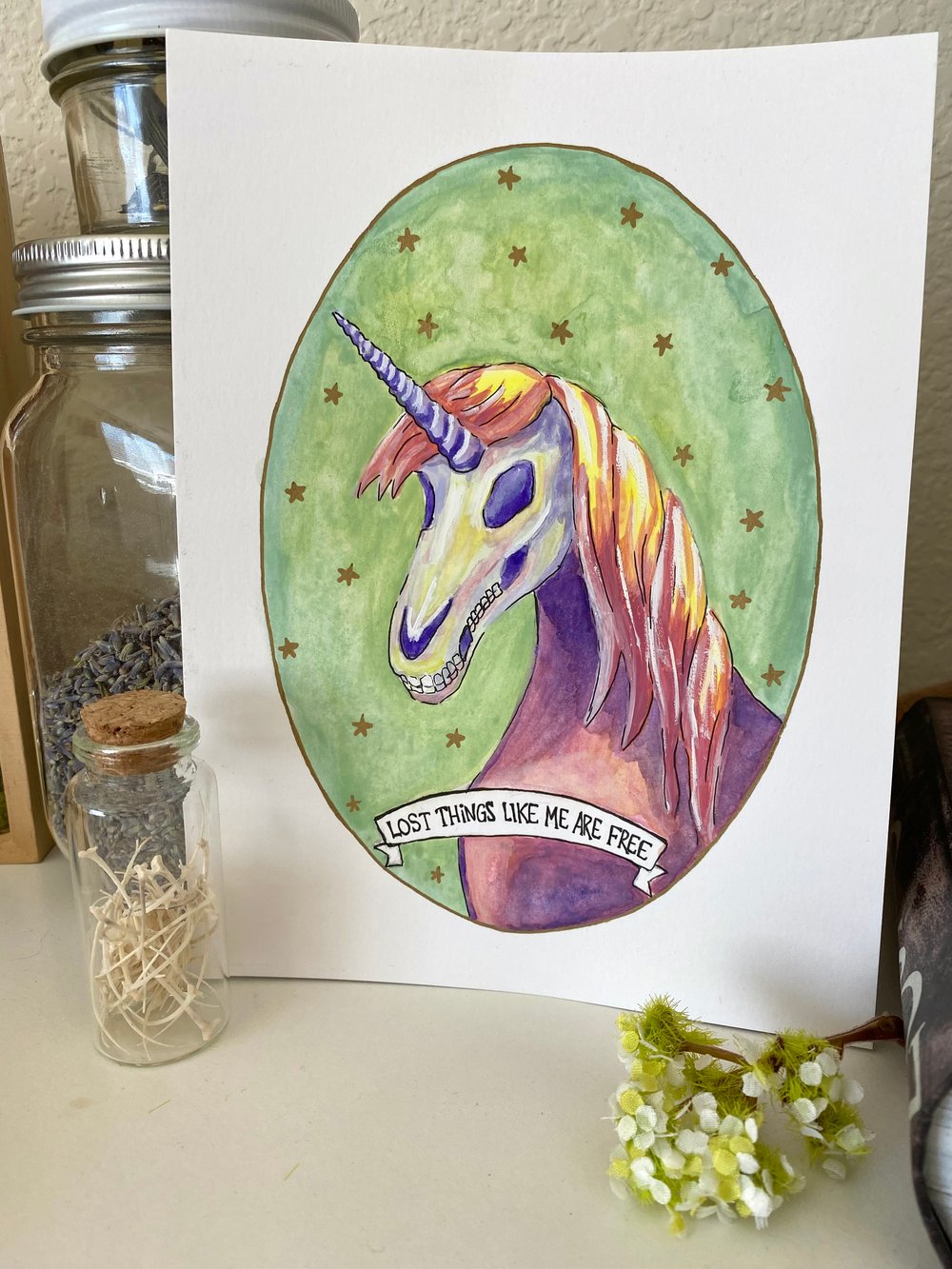 Image of Skull Unicorn Original Watercolor Painting