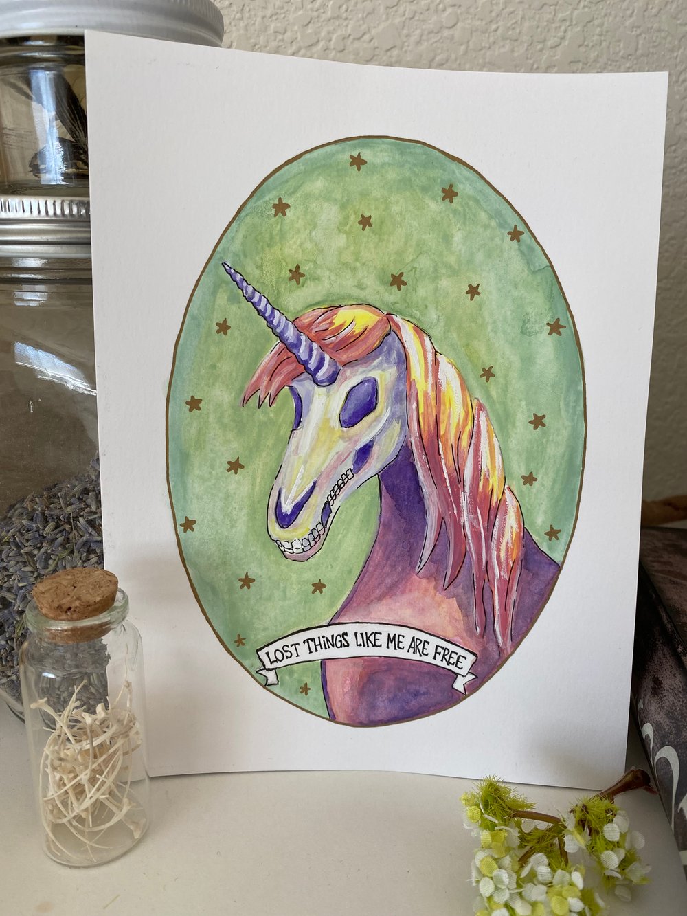 Image of Skull Unicorn Original Watercolor Painting