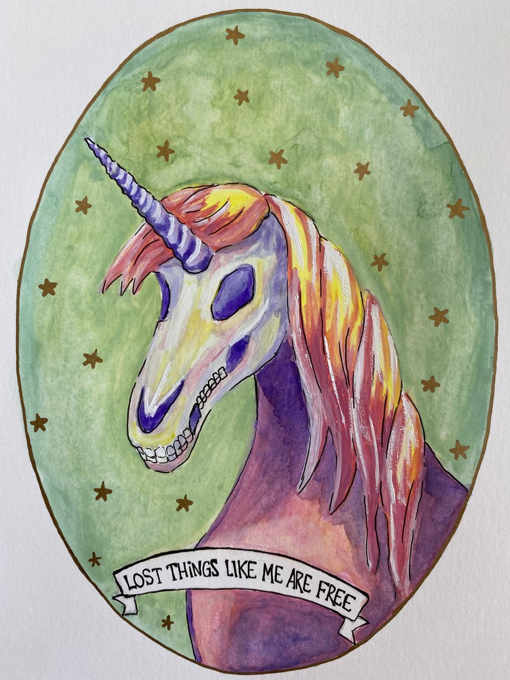 Image of Skull Unicorn Original Watercolor Painting