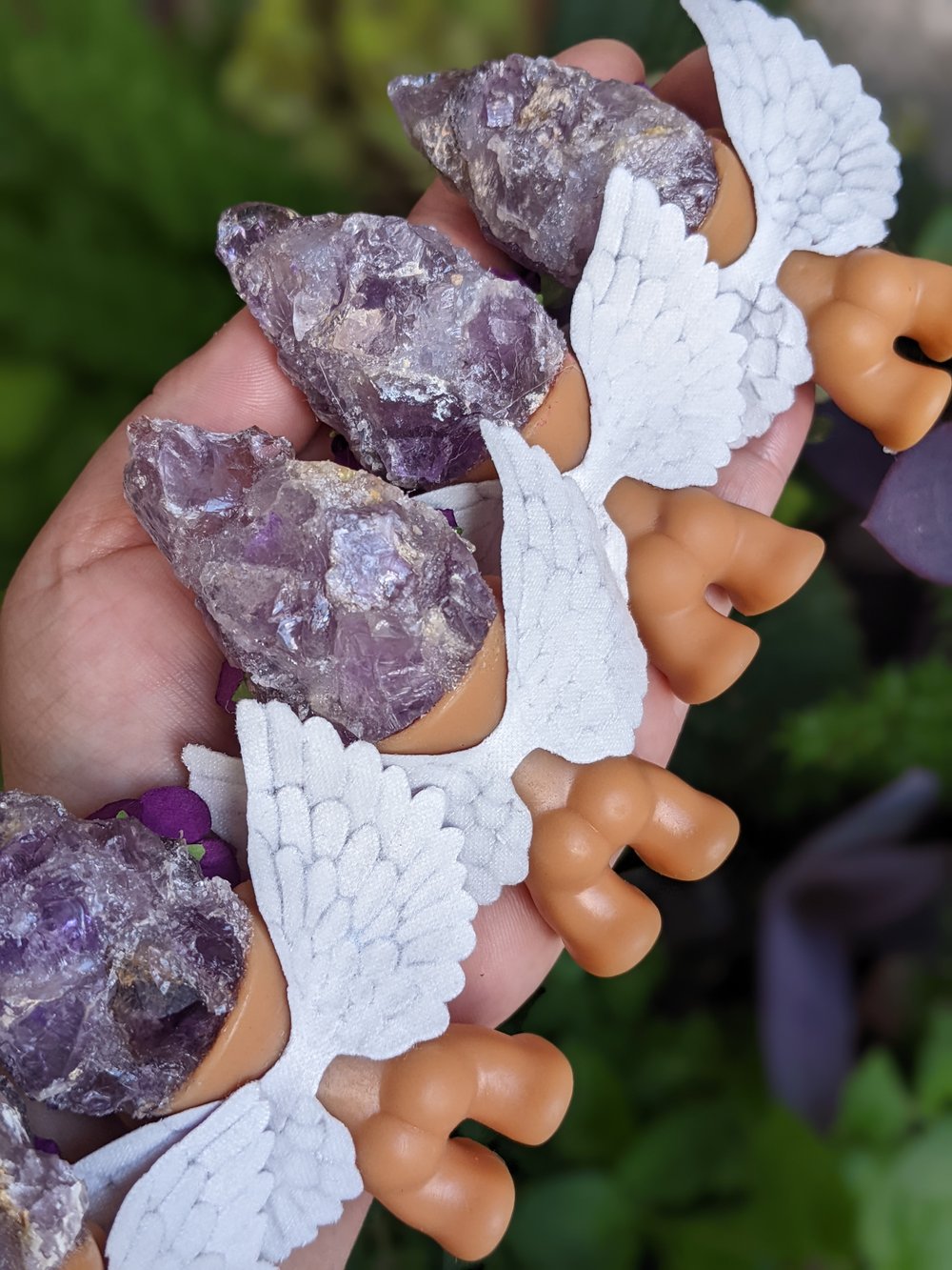 MADE TO ORDER: Amethyst Crystal Troll Shorty with Purple Flower Crown & Holographic Purple Wings 4"