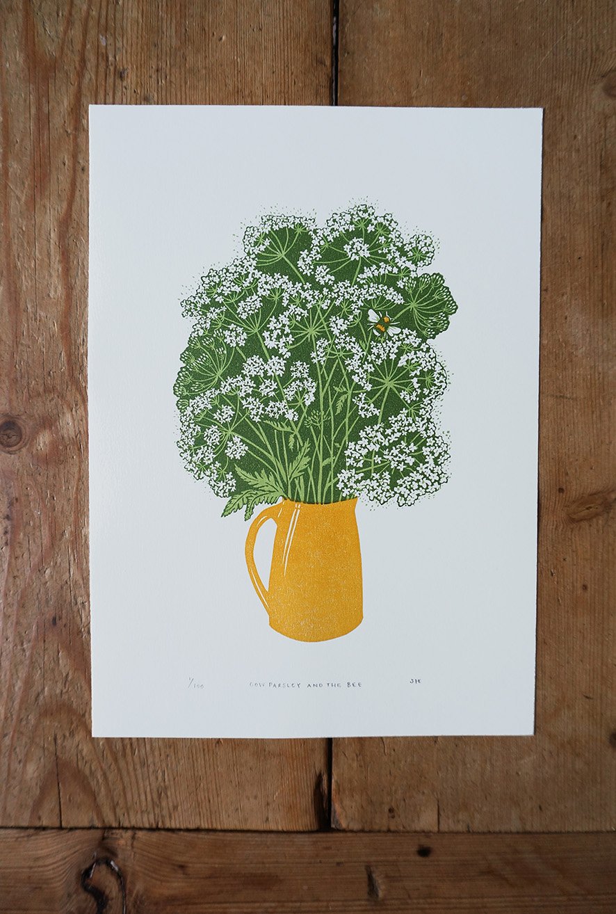 Image of Cow Parsley and the Bee - Linocut