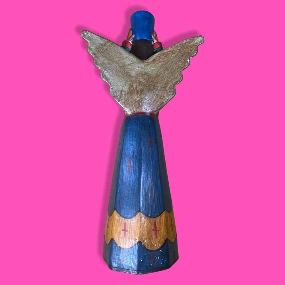 Mexican Folk Art Hand Painted Terra-cotta Pottery Winged Angel Figural Candlestick Holder
