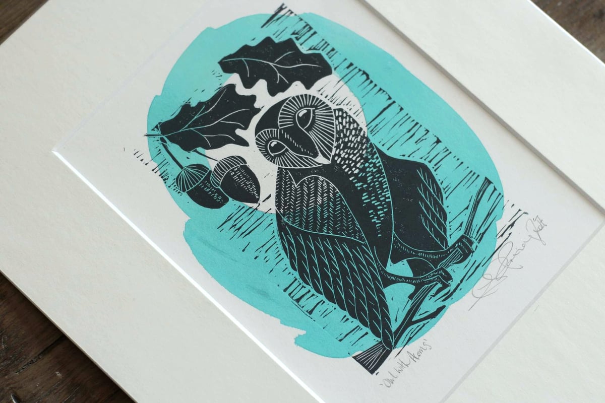 Image of Owl with acorns original linocut print