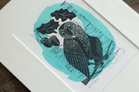 Image 3 of Owl with acorns original linocut print
