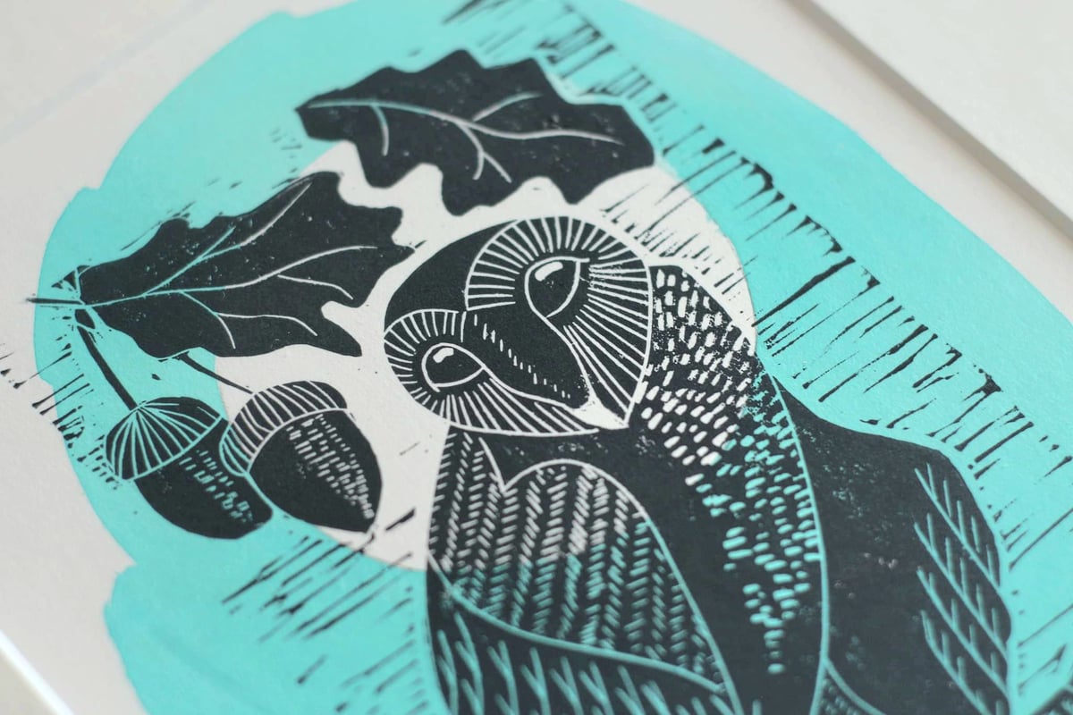 Image of Owl with acorns original linocut print