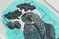 Image 2 of Owl with acorns original linocut print