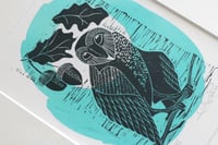 Image 1 of Owl with acorns original linocut print