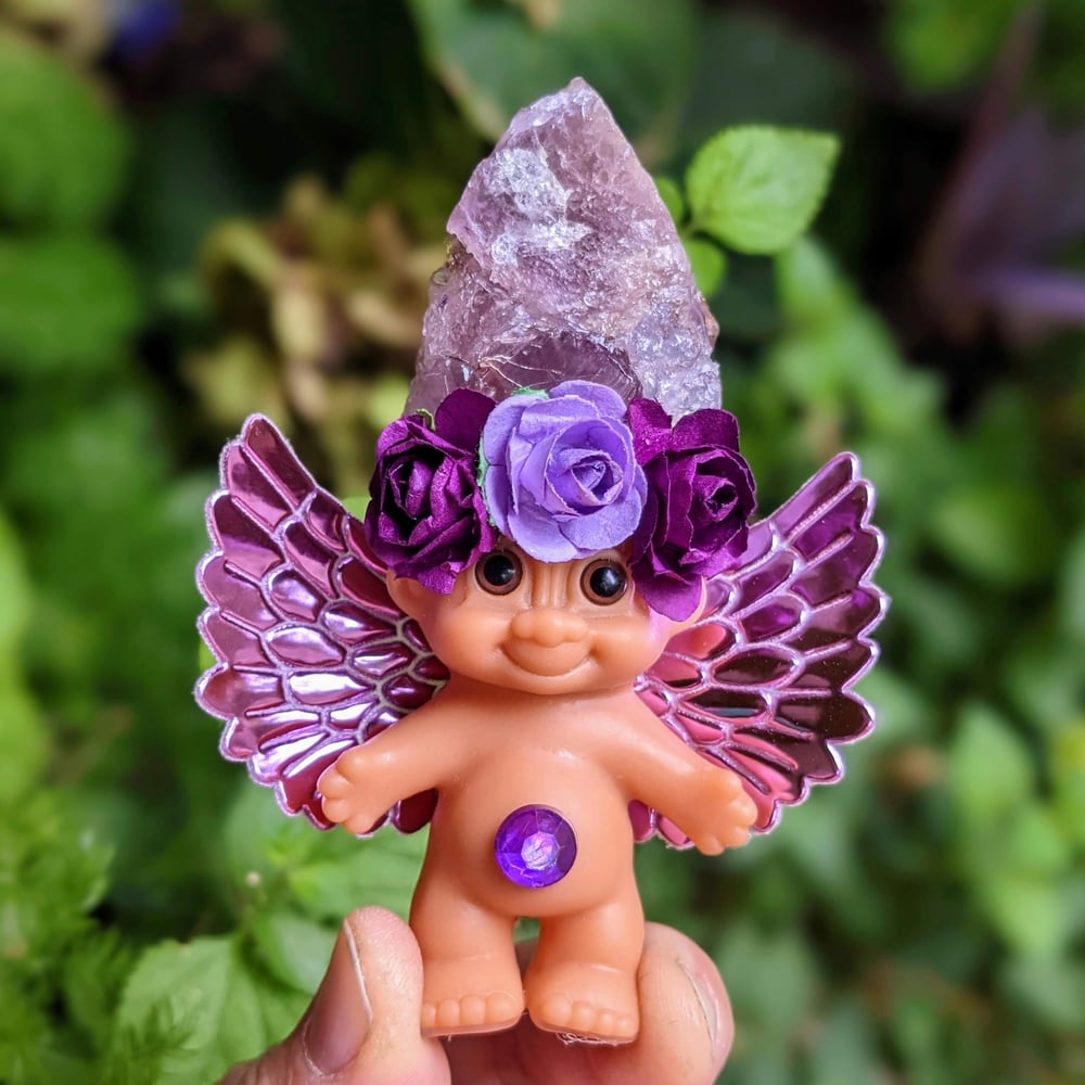 MADE TO ORDER: Amethyst Crystal Troll Shorty with Purple Flower Crown & Holographic Purple Wings 4"