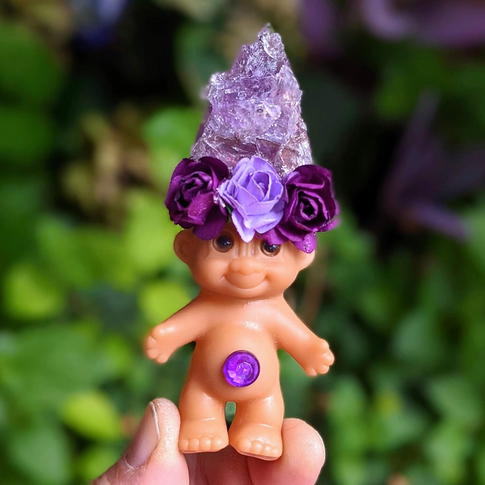 MADE TO ORDER: Amethyst Crystal Troll Shorty with Purple Flower Crown 4"