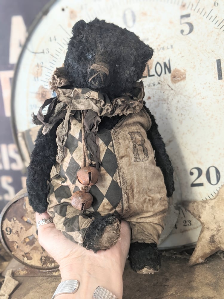 Image of 11.5" - BIGGY  Vintage BLACK Mohair Teddy Bear in romper outfit - By Whendi's Bears