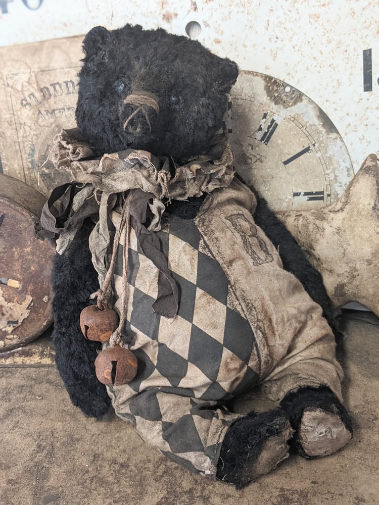 Image of 11.5" - BIGGY  Vintage BLACK Mohair Teddy Bear in romper outfit - By Whendi's Bears
