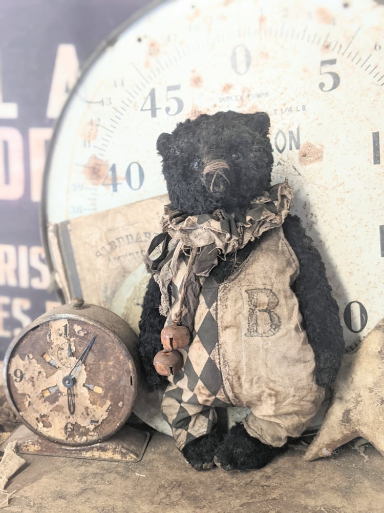 Image of 11.5" - BIGGY  Vintage BLACK Mohair Teddy Bear in romper outfit - By Whendi's Bears