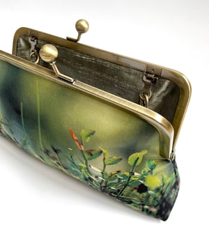 Image of Woodland glade, silk clutch bag with optional chain handle