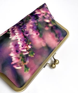 Image of Heather flowers, printed silk clutch bag, pink purple
