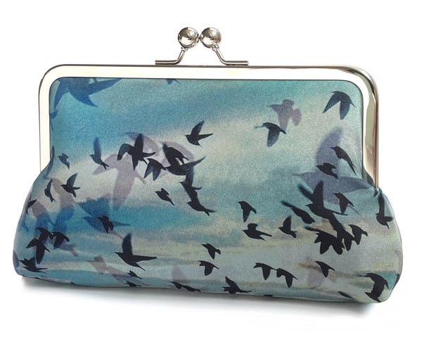 Image of Birds + sky, printed silk clutch bag with chain handle