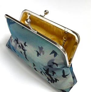 Image of Birds + sky, printed silk clutch bag with chain handle