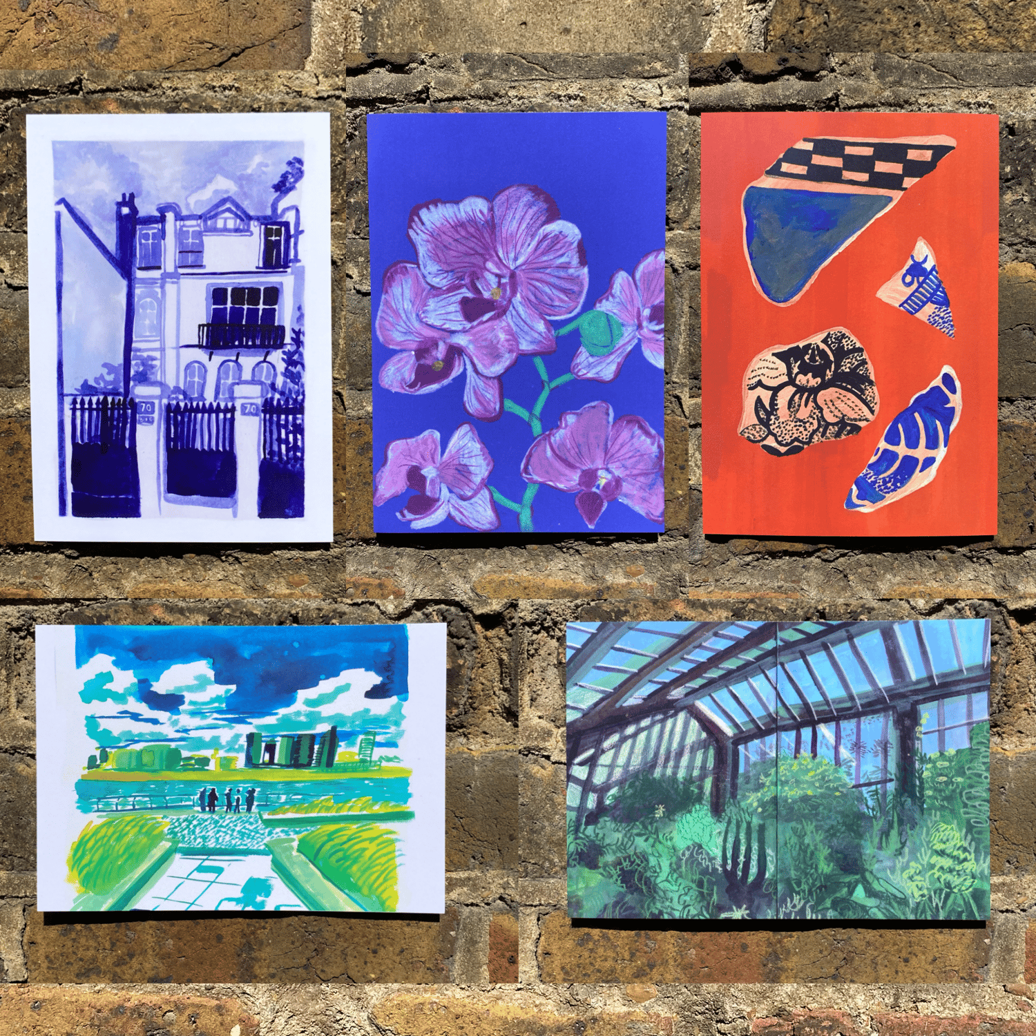 A5 prints: Mudlarking, Orchids, House, Kew Gardens, Greenwich.