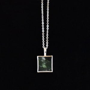 Image of Myanmar Green Jade flat rectangular cut silver necklace