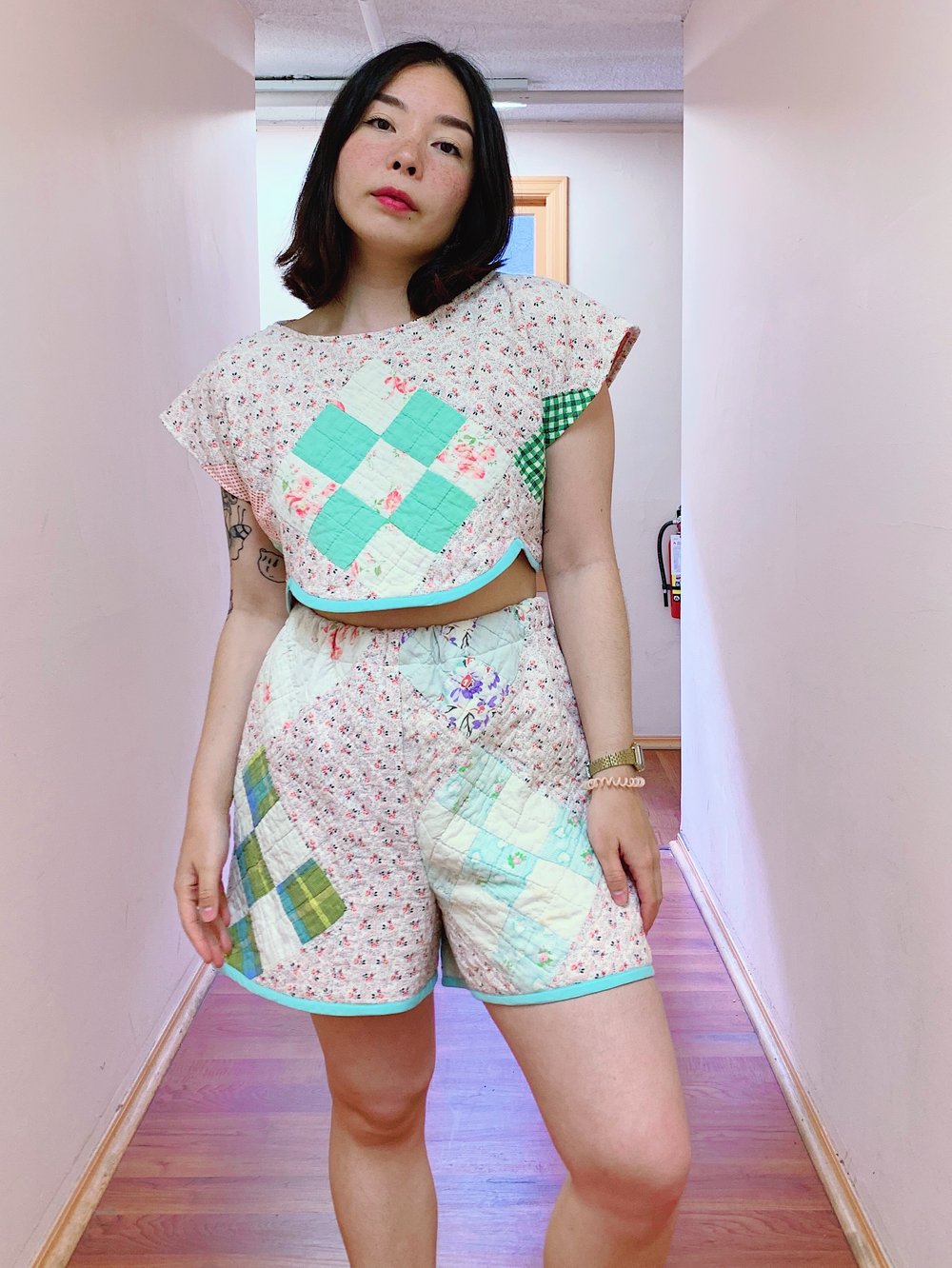 Image of Quilt Crop Top & Shorts Set — Mint Scallop