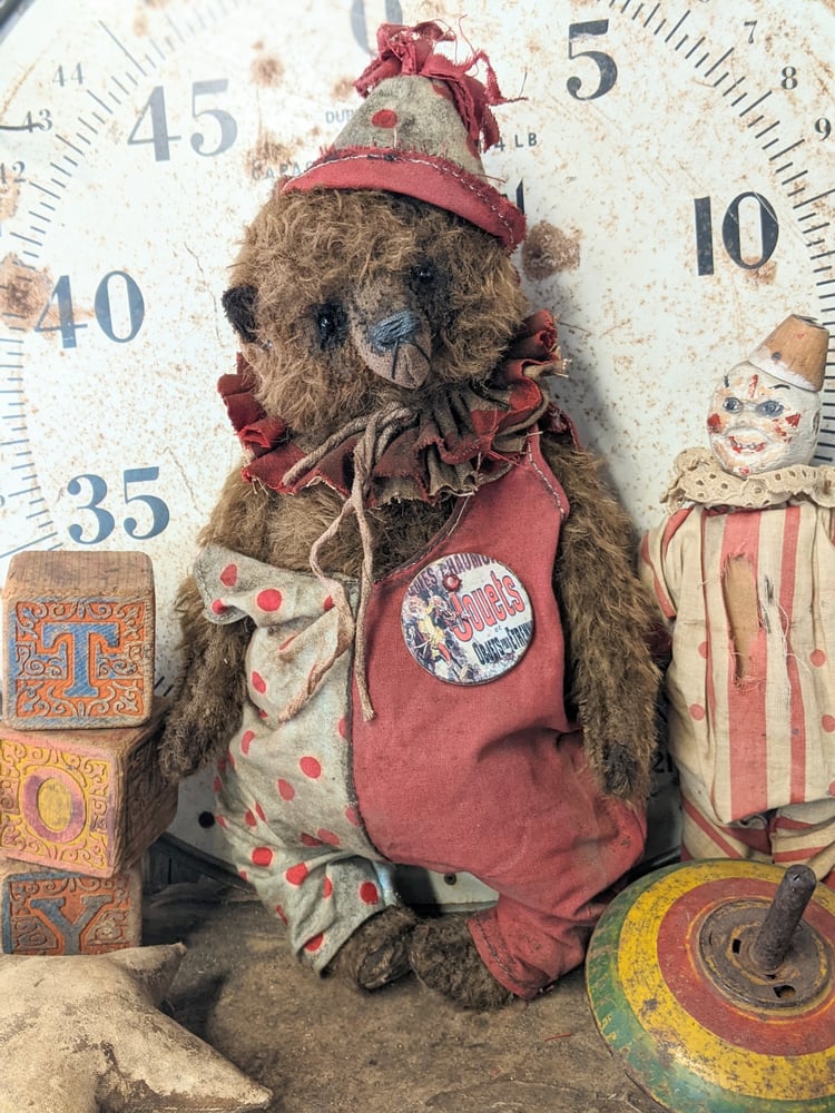 Image of JOUETS - 11.5" - BIGGY  Vintage Mohair Teddy Bear in romper & hat - By Whendi's Bears