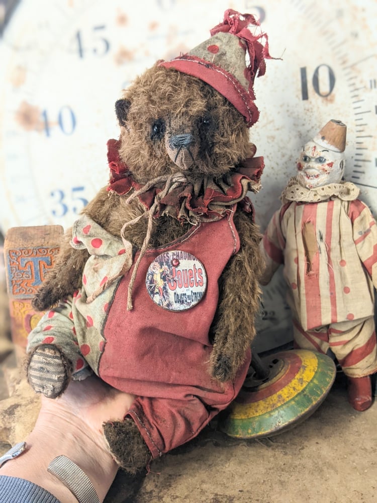 Image of JOUETS - 11.5" - BIGGY  Vintage Mohair Teddy Bear in romper & hat - By Whendi's Bears