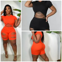 Image 1 of LASER CUT TOP & BOTTOM BIKER SHORTS SET ORANGE OR BLACK