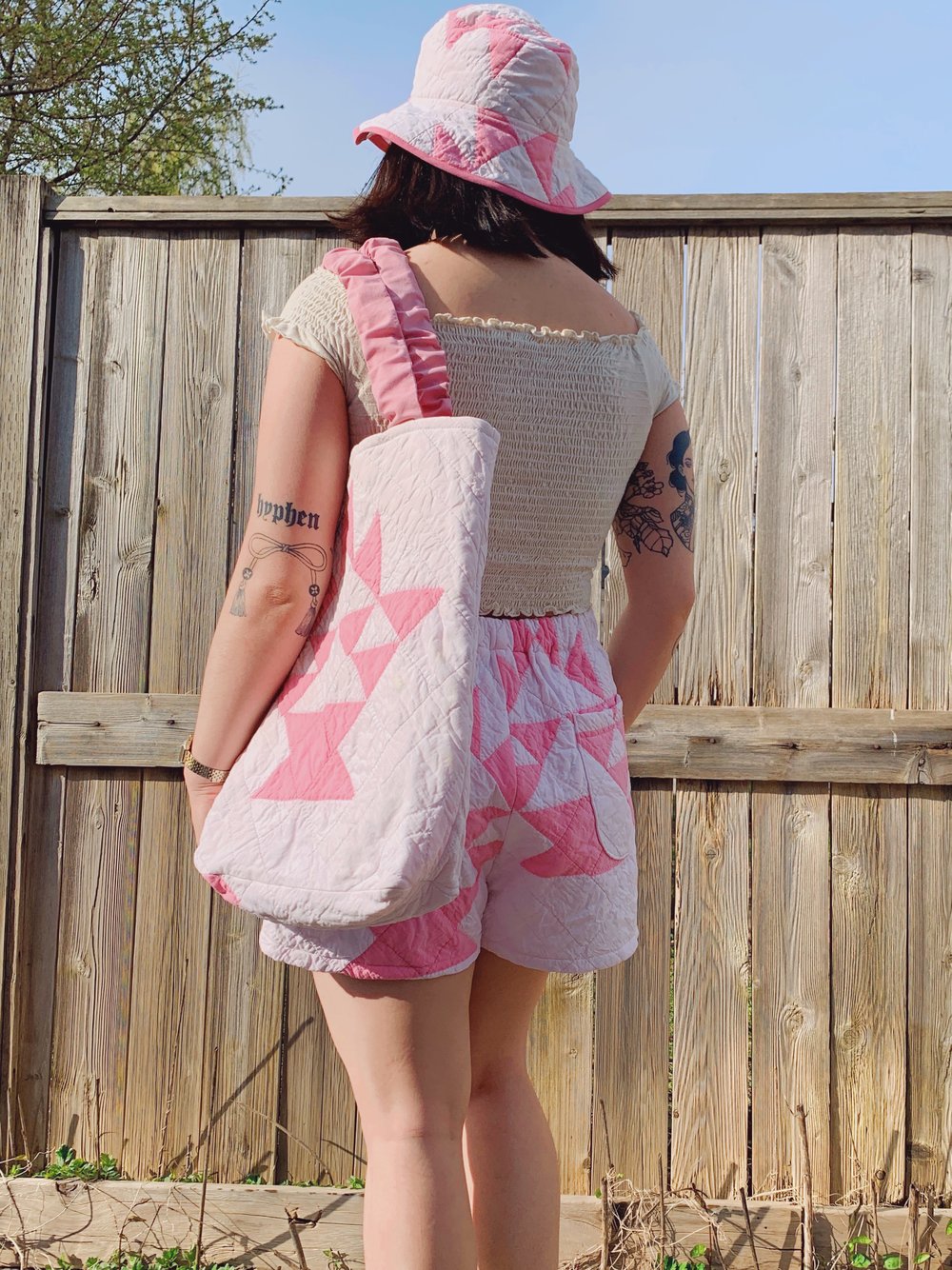 Image of Quilted Scrunchie Tote Bag — Pink Flower Basket